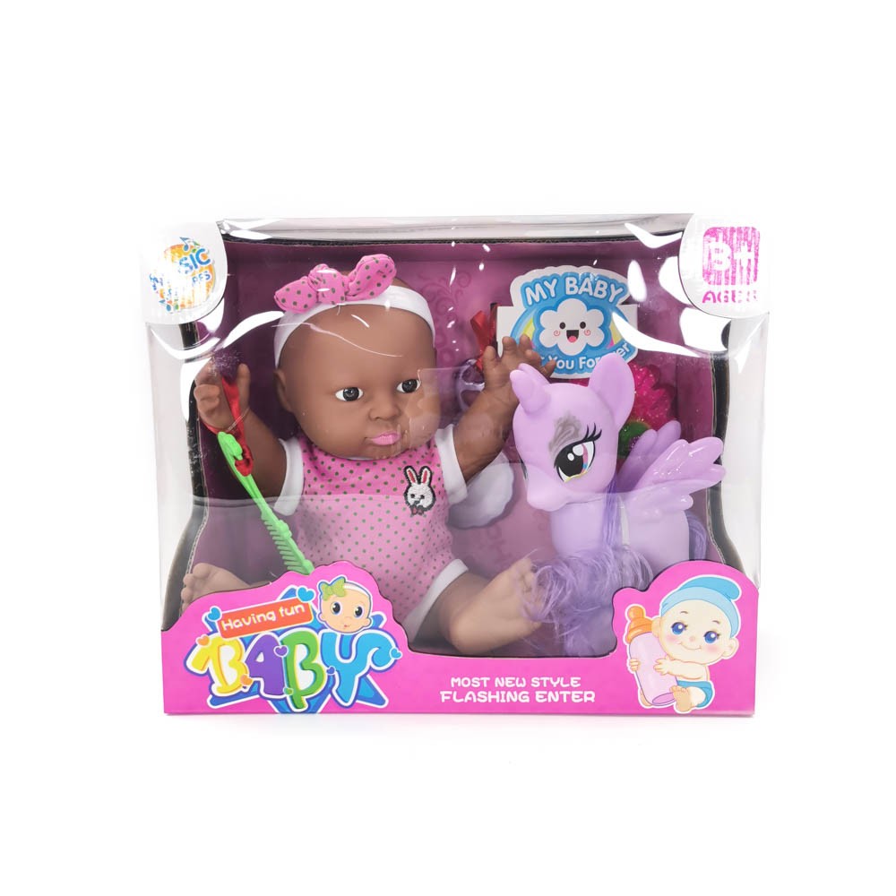 Plastic baby doll with unicorn