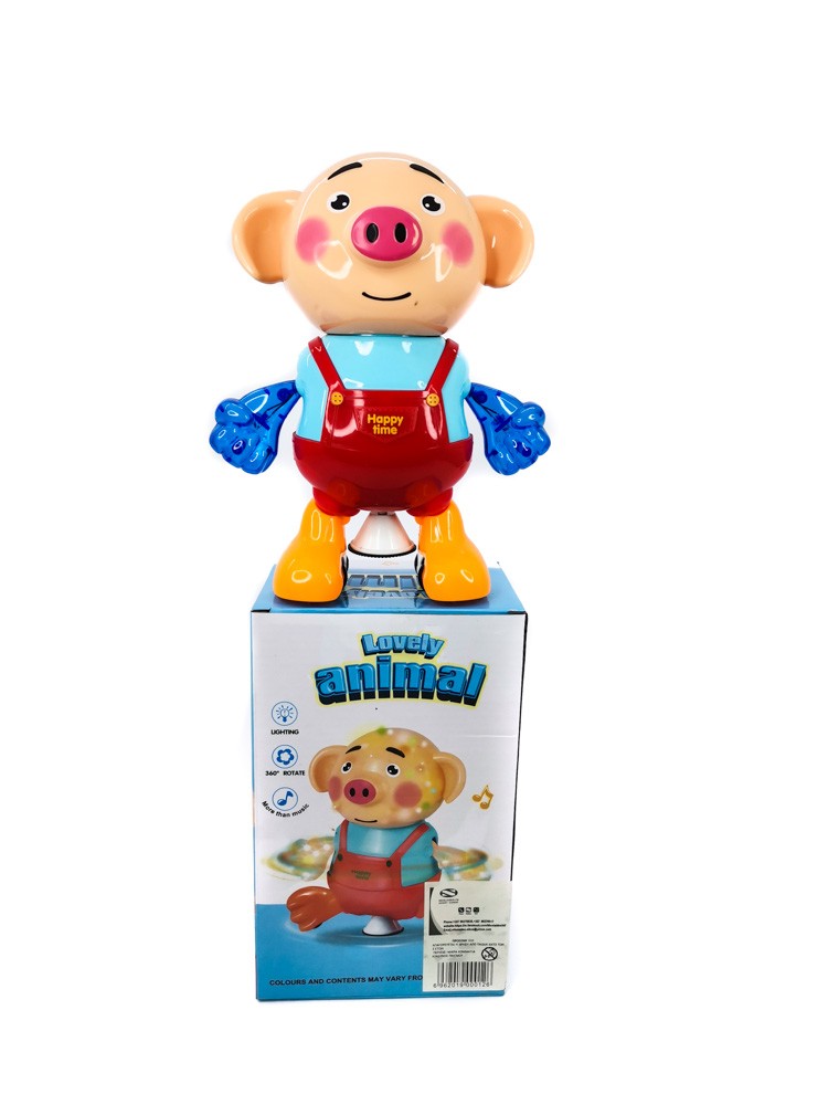 Battery operated rotating piglet with music and lights
